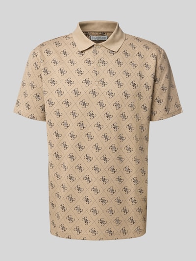 Produktfoto, Regular Fit Poloshirt mit Logo-Muster van guess, heren poloshirt van katoenmix met stretch, knoopsluiting, ruglengte maat M 72 cm, beige met zwart logomotief