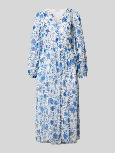 Produktfoto, Midikleid aus reiner Viskose mit floralem Allover-Print von ROBE LÉGÈRE, taillierte Passform, Tunika-Ausschnitt, langärmelig, Knopfleiste, Weiß-Blau, Rückenlänge 123 cm, Brustweite 49 cm, Ärmellänge 60 cm, zarter Stoff mit glatter Textur