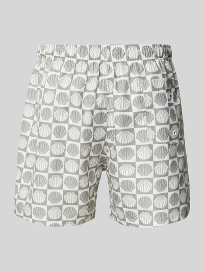 Produktfoto, Badehose im Allover-Look Modell 'Ilfracombe' von BOARDIES mit elastischem Bund und Tunnelzug, grafisches Muster in Grau und Weiß