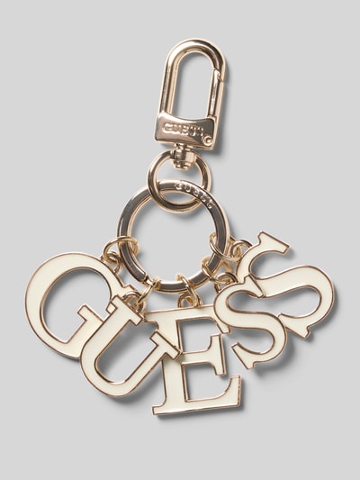 Productfoto, sleutelhanger met logo-detail van GUESS, goudkleurige metalen sleutelring, Karabijnhaak, Reliëflogo, dames sleutelhanger