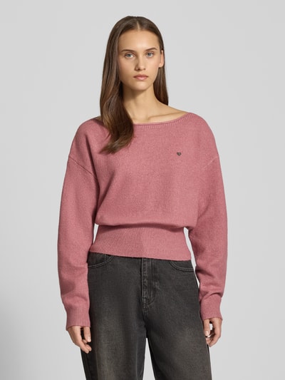 Review Sweter z dzianiny o kroju oversized z dekoltem w łódkę Brudnoróżowy melanż 4