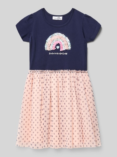 Productfoto, jurk in 2-in-1-look met pailletten van Happy Girls, katoen-elastaan-mix, a-lijn, ronde hals, lichtroze rok met stippen, blauw bovenstuk