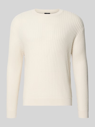 Produktfoto, Slim Fit Pullover in Strick-Optik von ARMANI EXCHANGE, cremeweiß, reine Baumwolle, Rundhalsausschnitt, elastische Abschlüsse