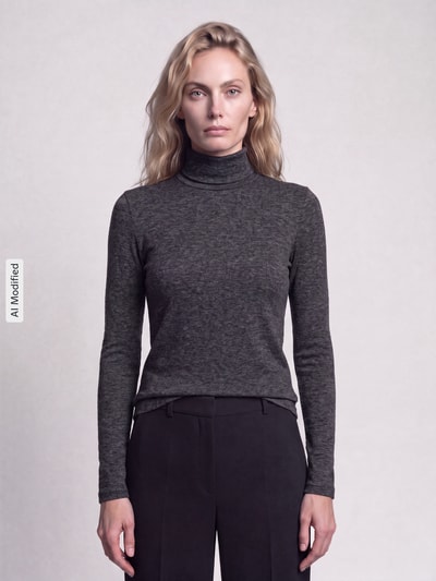 Frauenmodel trägt Slim Fit Langarmshirt aus Viskose-Mix Modell 'MULTIF' von Weekend Max Mara in Anthrazit, glatte Struktur, Ganzkörperansicht von vorne, Damen Langarmshirt von Max Mara, KI-modifiziertes Bild.