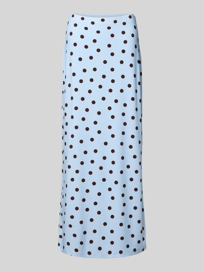 Produktfoto, Maxirock im Allover-Look Modell 'Bowie' von Forever New aus Material-Mix mit Stretch-Anteil, figurbetonter Schnitt, hellblau mit schwarzen Punkten, Bundweite 37 cm, Gesamtlänge 98 cm bei Größe 36.
