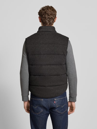 Męski model ma na sobie Regular Fit Steppweste aus reinen Baumwolle von Polo Ralph Lauren, efekt: jednolity kolor, melanż, krój regular fit, stójka, listwa guzikowa, wzór w jodełkę, wyhaftowane logo, detal z logo, lekko zaokrąglone wykończenie dołu, wpuszczane boczne kieszenie, bawełna, całkowity widok z tyłu.