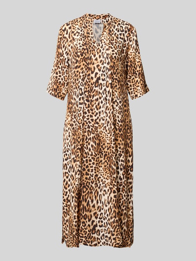 Produktfoto, Tunikakleid aus Viskose im Allover-Look von Emily Van den Bergh, Gerader-Schnitt, Midikleid, 3/4-Arm, Leopardenmuster, sanfte Textur, warme Brauntöne, Rückenlänge 119 cm, Brustweite 46 cm, Ärmellänge 35 cm, Größe 36.