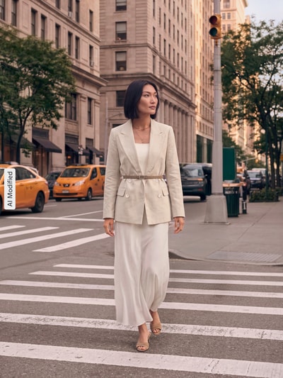 Kobiece modelka nosi Regular Fit Blazer aus Baumwoll-Leinen-Mischung mit doppelter Knopfleiste von Jake*s Collection w odcieniach beżu, styl żakietowy z Kołnierzem z połami, listwą guzikową 2-rzędową, kieszenie z klapką, długość tyłu w rozmiarze 36: 71 cm, szerokość w rozmiarze 36: 46 cm, długość rękawów w rozmiarze 36: 65 cm, tekstura gładka, ujęcie: całopostaciowe z przodu, KI-modifiziertes Bild.