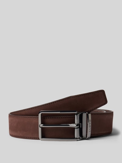 Produktfoto, Pasek męski z naturalnej skóry model 'Nubuck' od LLOYD, detal z logo, sprzączka, szerokość w rozmiarze 90: 3 cm