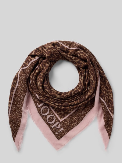 Productfoto, sjaal met logoprint model 'Adalia' van JOOP!, mix van katoen en modal, rechthoekige pasvorm, bruin met roze contrast, breedte 130 cm, lengte 130 cm