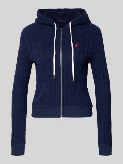 Produktfoto, Regular Fit Gebreid jack met ritssluiting van Polo Ralph Lauren in donkerblauw, puur katoen, capuchon, tunnelkoord, steekzakken, ribboorden, labelstitching.