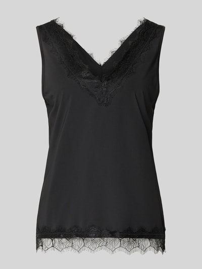 Produktfoto, schwarzes Trägertop aus Satin mit V-Ausschnitt und Spitzenbesatz, Modell 'Bicco' von FREE/QUENT, Regular Fit, glatte Textur.