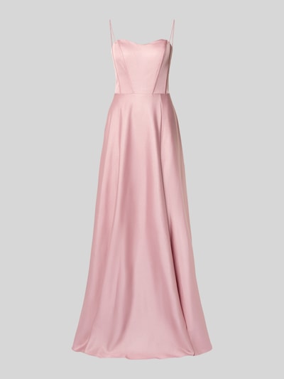 Produktfoto, Abendkleid aus Satin mit Spaghettiträgern von Unique in Rosa, A-Linie, Maxikleid, Corsagenkleid, glatte Satin-Haptik.