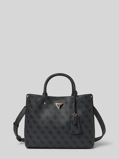 Produktfoto, Handtasche mit Label-Applikation Modell 'MERIDIAN II' von Guess in Schwarz, Logo-Muster, strukturierte Oberfläche, goldene Details