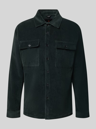 Produktfoto, Regular Fit Overshirt mit Pattentaschen Modell 'Taylor' von Zuitable aus Baumwoll-Mix mit Stretch, dunkelgrün, sichtbare Knopfleiste und Kentkragen, strukturierte Cord-Oberfläche