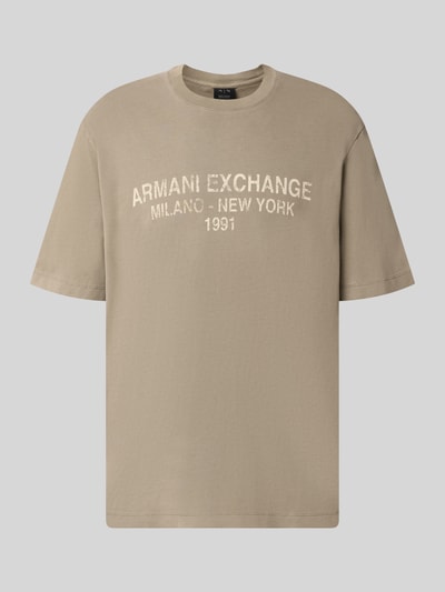 Produktfoto, Relaxed Fit T-Shirt aus reiner Baumwolle mit Logo-Print von Armani Exchange, beige, runder Ausschnitt, glatte Textur, Herren T-Shirt