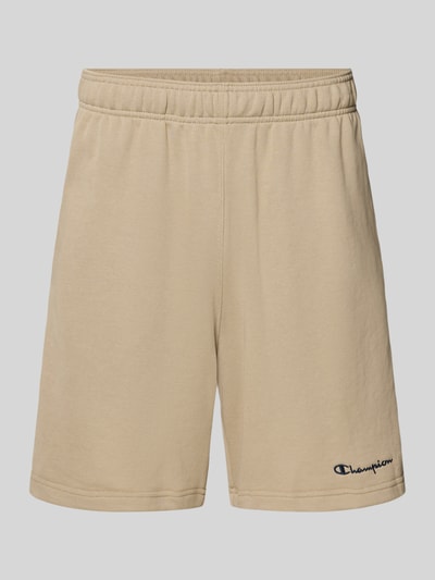 Produktfoto, Shorts met elastische tailleband en label-stitching van CHAMPION in beige katoenmix, regular fit, detail van voorzijde, taillewijdte maat M 43 cm, binnenbeenlengte maat M 17 cm