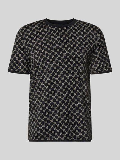 Produktfoto, T-Shirt mit Logo-Muster und Rundhalsausschnitt von JOOP! Collection aus Baumwoll-Lyocell-Mix, Regular-Fit, schwarze Grundfarbe, Rückenlänge 69 cm bei Größe M.