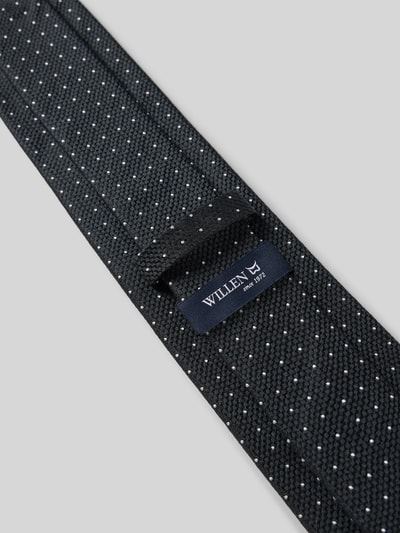 Productfoto, Krawatte mit Label-Detail van Willen, pure zijde, klassiek model, donker met fijne stippen, label zichtbaar, breedte 8 cm