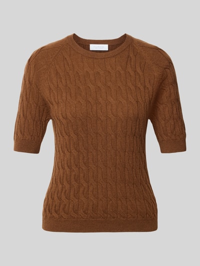 Produktfoto, Slim Fit Pullover aus Woll-Mix mit Kaschmir-Anteil von Rich & Royal w kolorze brązowym, dzianina, okrągły dekolt, krój slim fit, Rękaw o dł. 1/2, Długość tyłu w rozmiarze S: 48 cm, Długość rękawów w rozmiarze S: 25 cm