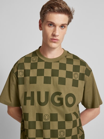 Hugo Blue T-shirt met labelprint, model 'Narliparo' Olijfgroen - 3