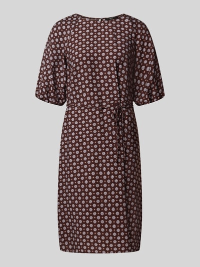 Produktfoto, Knielanges Kleid aus Viskose-Mix von zero, braun mit weißem Muster, taillierte Passform, Rundhalsausschnitt, 1/2-Arm, Damen Kleid