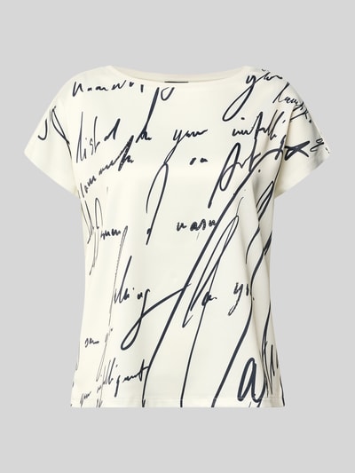 Produktfoto, Relaxed Fit T-Shirt aus Baumwoll-Mix von s.Oliver BLACK LABEL mit Allover-Muster vorne, Rückseite unifarben, Strassapplikationen, U-Boot-Ausschnitt, kurzarm, weiße Satin-Textur