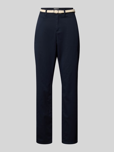 Produktfoto, Regular Fit Chino aus Baumwoll-Mix von s.Oliver RED LABEL in Dunkelblau, Optik: Unifarben, Twill-Struktur, Damen Gürtel, Beinabschluss mit Umschlag, Eingrifftasche, angedeutete Gesäßtaschen, Materialverarbeitung: Baumwoll-Mix