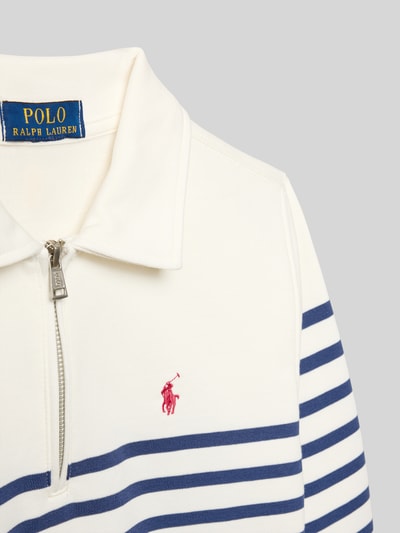 Produktfoto, Regular Fit Sweatshirt aus Baumwoll-Mix von Polo Ralph Lauren Teens mit Allover-Streifenmuster, Logo-Stitching, Stehkragen, Reißverschluss und gerippten Abschlüssen auf hellem Grund.