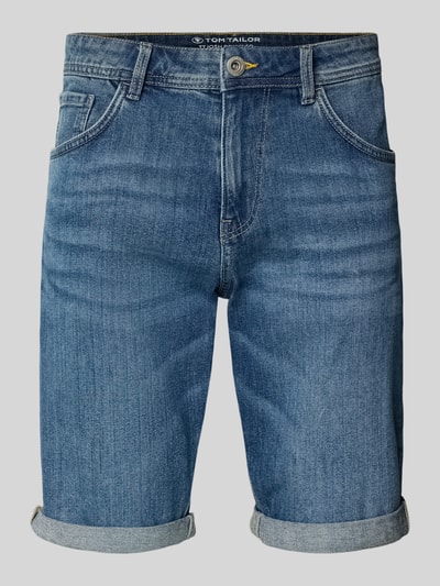 Produktfoto, Regular Fit Jeans Bermudas aus Baumwoll-Mix von Tom Tailor in blauer Denim-Optik mit 5-Pocket-Design und Label-Patch.