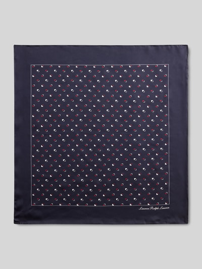 Produktfoto, Tuch aus reiner Seide von Lauren Ralph Lauren mit Allover-Muster, Label Patch, Kontrasstreifen, dunkelblau, seidige Textur