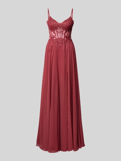 Produktfoto, Regular Fit Abendkleid mit floralem Stitching von Luxuar, sukienka wieczorowa w kolorze bordowym, ozdobny haft, półprzezroczysty materiał, cienkie ramiączka, ozdobne obszycie, rozporek, halka pod spódnicę, długość tyłu w rozmiarze 36: 145 cm.