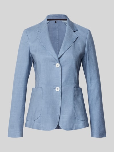 Produktfoto, Blazer aus Leinen-Mix mit Reverskragen von Windsor in Hellblau, Taillierter Schnitt, Knopfleiste, aufgesetzte Eingrifftaschen, Rückenlänge 61 cm, Brustweite 46 cm, Ärmellänge 61 cm, Lyocell-Anteil, strukturierte Textur