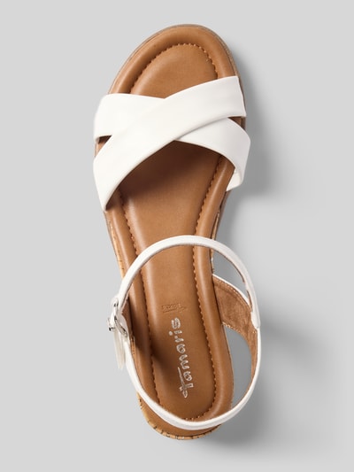 Produktfoto, Sandalen in Lederoptik mit Korkabsatz von Tamaris, Optik: Unifarben, Schuhspitze: Offen, Abgerundet, Absatzform: Keilabsatz, Label-Prägung, Verschluss: Dornschließe, Sohle: Korkabsatz, Profiliert.