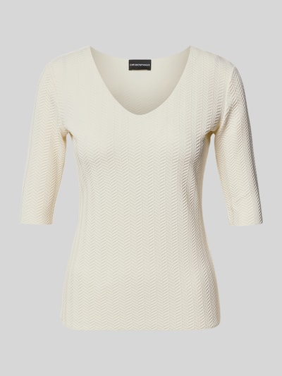 Produktfoto, Regular Fit Bluse mit Strukturmuster von Emporio Armani, Elastischer-Material-Mix, V-Ausschnitt, Halbarm, cremefarben