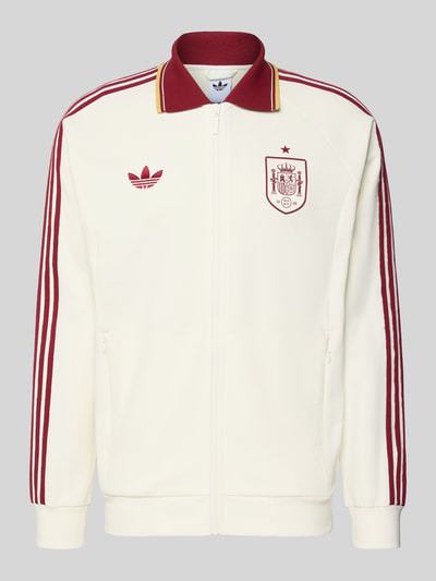 Produktfoto, Regular Fit Trainingsjacke aus Baumwoll-Mix Modell 'BLACAS' von adidas Sportswear, Optik: Unifarben in Creme mit Struktur, Kontraststreifen, Logo-Stitching, Vereins Logo Applikation, Umlegekragen, Langarm, Reißverschluss, gerippte Abschlüsse, Eingrifftaschen, Material: Baumwoll-Mix.