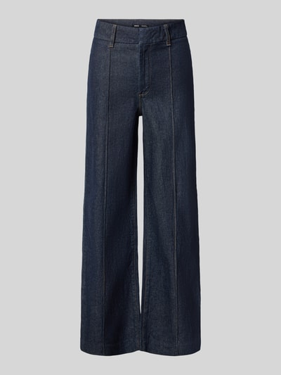 Produktfoto, Wide Leg Jeans mit Ziernähten Modell 'PALOMA' von MANGO mit weitem Bein, Haken- und Reißverschluss, dunkle Denimfarbe, sichtbare Steppnähte, seitliche Eingrifftaschen und Gesäßtaschen, glatte Textur, Kontext: Damen Wide Leg Jeans, Bundweite 37 cm, Innenbeinlänge 75 cm.