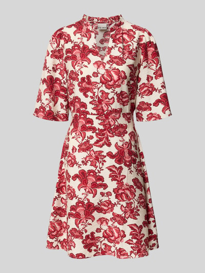 Productfoto, rood-wit Minikleid aus Viskose-Mix Modell 'GILVIS' van ICHI, getailleerde fit, allover bloemenprint, V-hals, structuur zichtbaar