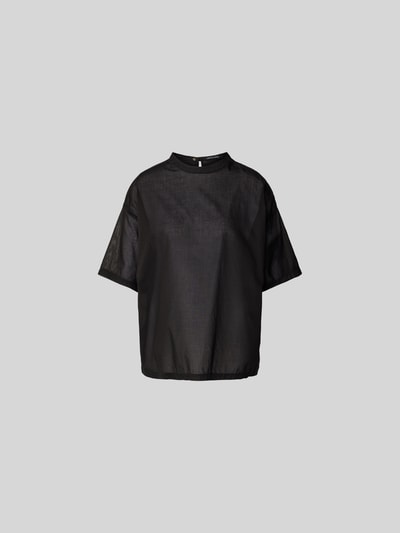 Produktfoto, T-Shirt in semitransparenter Optik von black palms aus reiner Baumwolle mit Lockerer-Schnitt, Rundhalsausschnitt, Rückenlänge 66 cm bei Größe S, schwarze Farbe, strukturierte Oberfläche.