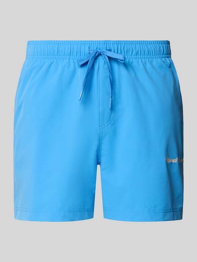 Produktfoto, Badehose mit Label-Stitching Modell 'MAUI' von Jack & Jones in Blau mit elastischem Bund und Tunnelzug, Regular Fit, glatte Textur