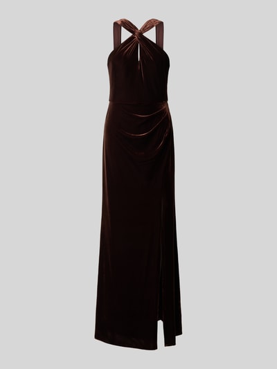 Produktfoto, Abendkleid aus Samt von Adrianna Papell in dunklem Braun, figurbetont, ärmellos, mit Raffungen, elastischer Material-Mix