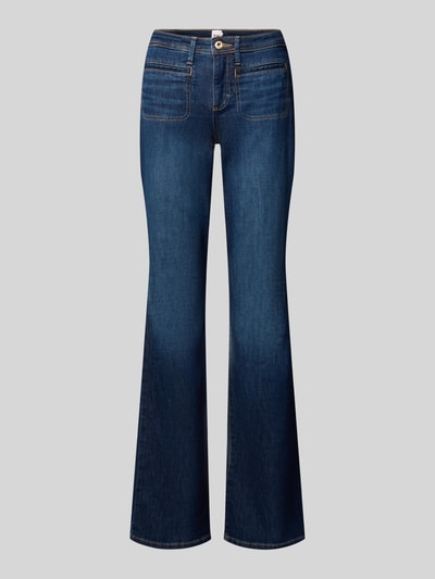 Produktfoto, donkerblauwe bootcut-jeans uit katoenmix met lichte wassing, rechte pijpen en oranje stiksels, Bootcut-Jeans aus Baumwoll-Mix Modell 'SHAKIRA' van Brax, dames bootcut-jeans