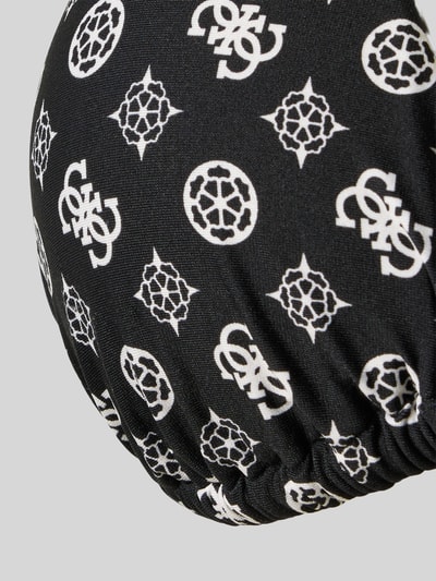 Produktfoto, Bikini-Oberteil in Triangel-Form Modell 'SOLEIL' von Guess, Schwarz mit weißen Logos, Material-Mix mit Stretch-Anteil, detailreiche Nahaufnahme.