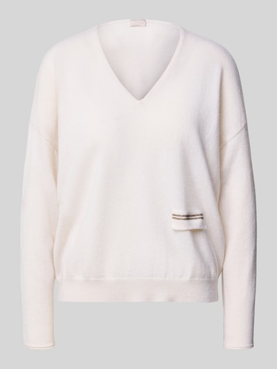 Produktfoto, Strickpullover aus Kaschmir mit V-Ausschnitt von Hemisphere, cremeweiß, Kontraststreifen, Regular Fit, weiche Textur