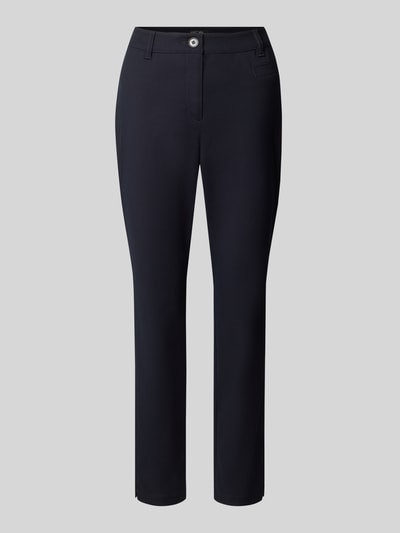 Produktfoto, Slim Fit Hose aus Bio-Baumwoll-Mix von Marc Cain, czarny kolor, gładka tekstura, krój slim fit, szerokość w rozmiarze 36: 38 cm, długość nogawki wewnętrznej w rozmiarze 36: 71 cm, tylne kieszenie, guzik i zamek, damskie