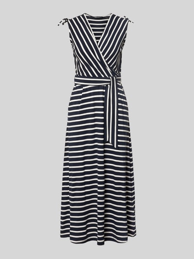Produktfoto, Midikleid aus Viskose-Mix mit V-Ausschnitt von Betty Barclay, taillierter Schnitt, Wickel-Optik, Bindegürtel, navy-weiß gestreift, stretchiges Material, weiche Textur, Rückenlänge 127 cm, Brustweite 45 cm in Größe 36.