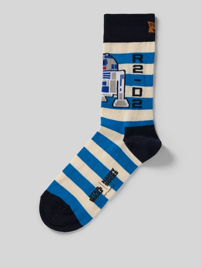 Produktfoto, Socken aus Baumwoll-Mix Modell 'R2-D2' von Happy Socks mit blauen, cremefarbenen und schwarzen Streifen, Label-Detail sichtbar