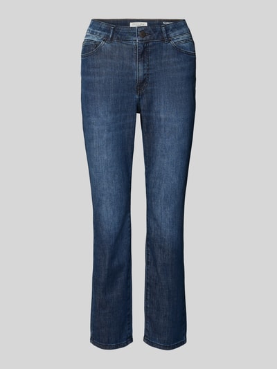 Produktfoto, Culotte im 5-Pocket-Design von Christian Berg Woman aus dunkelblauem Baumwoll-Mix mit Stretch-Anteil, Wide Leg Fit, Knopf- und Reißverschluss, Bundweite 28 cm, Innenbeinlänge 67 cm, strukturierte Denim-Optik.