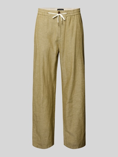 Produktfoto, Hose mit Leinen-Anteil und französischen Eingrifftaschen von Scotch & Soda, gerade Form, beigefarbener Baumwoll-Mix, sichtbarer Kordelzug, strukturierte Oberfläche