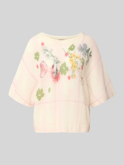 Produktfoto, Relaxed Fit Pullover aus Alpaka-Mix von Marc Cain, jasnoróżowy, imitacja dzianiny, kwiatowy nadruk, mieszanka wełny z alpaki, dodatek wełny, dekolt w serek, rękaw o dł. 1/2, Długość tyłu w rozmiarze 36: 53 cm, Długość rękawów w rozmiarze 36: 38 cm